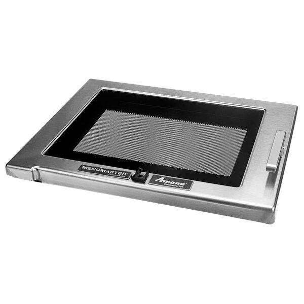 A silver rectangular Solwave medium-duty commercial microwave door with a black glass panel.