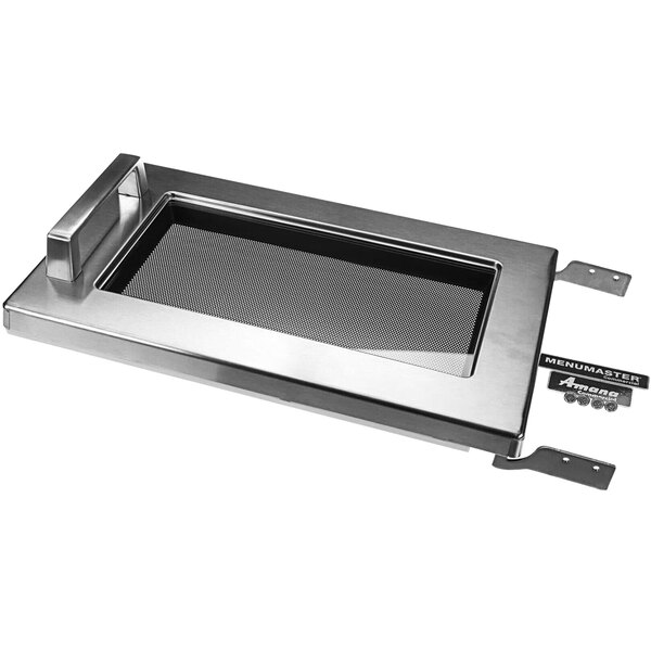 A metal rectangular door assembly with a handle.