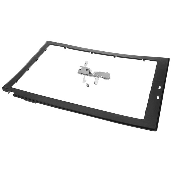 A black frame with a silver metal piece that is a door latch and choke cover kit for a Solwave commercial microwave.