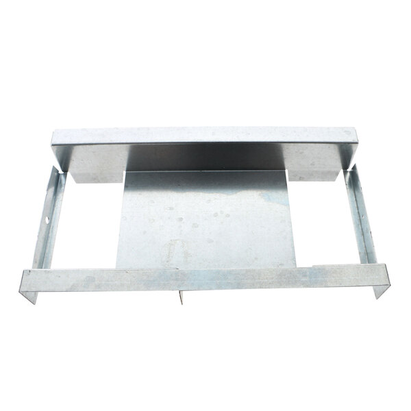 A metal shelf with a rectangular metal plate on top.