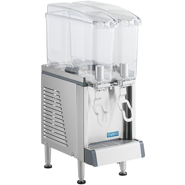 A silver Crathco refrigerated beverage dispenser with two clear containers.