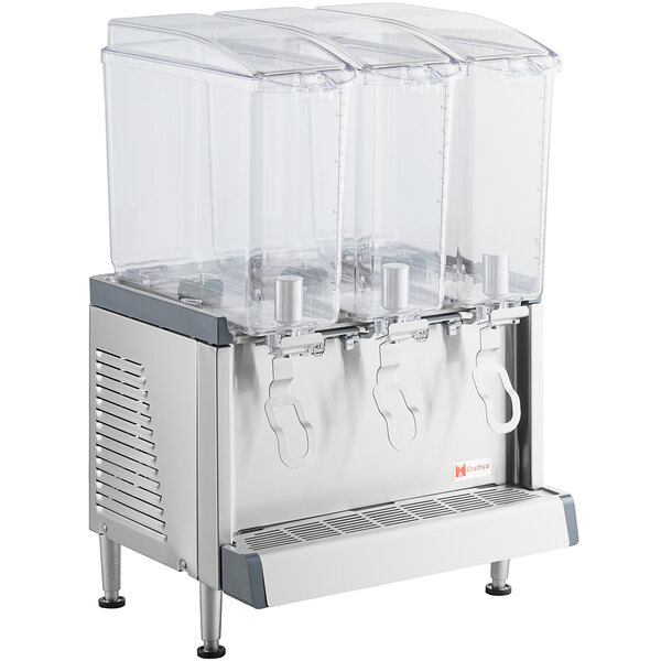 A Crathco refrigerated beverage dispenser with three clear containers.