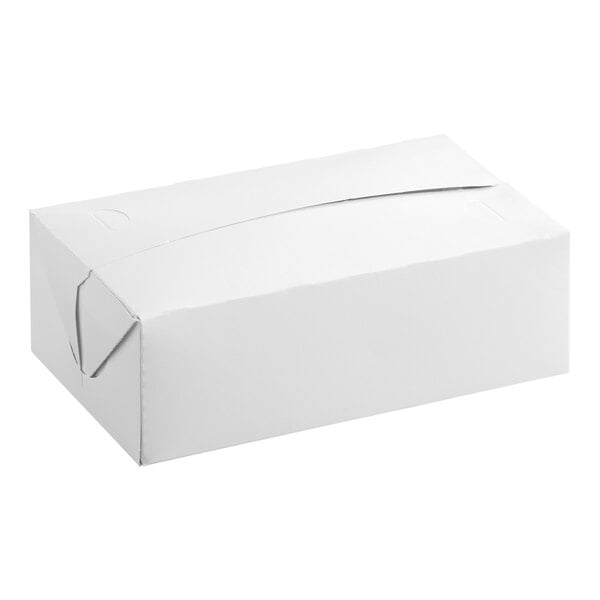 A plain white rectangular take out lunch or chicken box with a fast top closure.