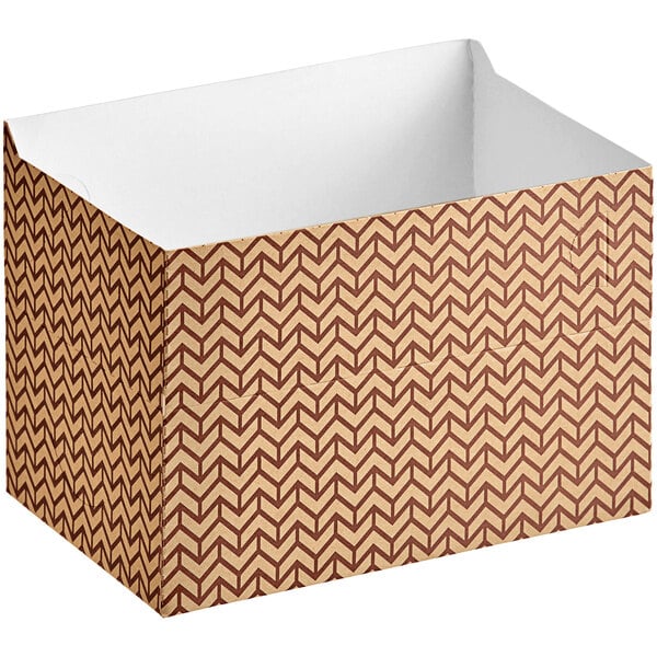 A brown and white Choice Cornerstone print take-out snack / chicken box with a white lid.