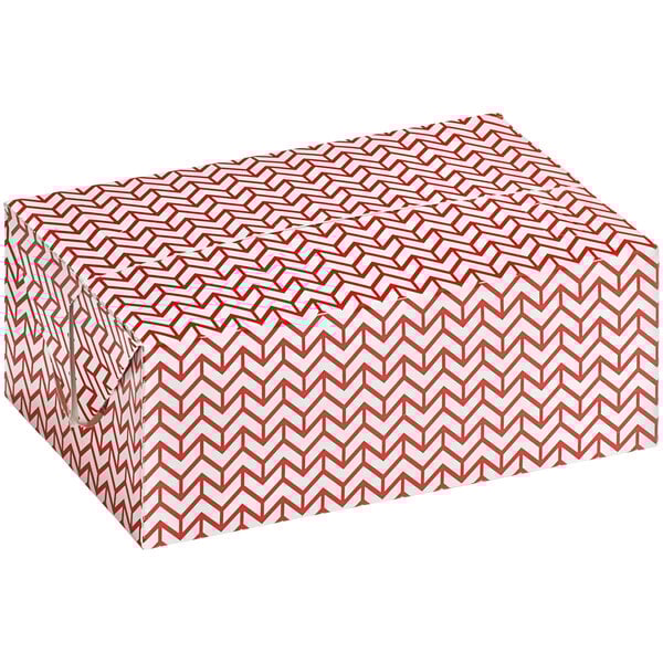 A red and white Choice Cornerstone print take-out box with a fast top.