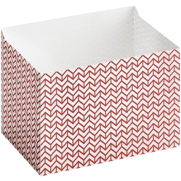 A white and red box with a red and white chevron pattern and a white lid.