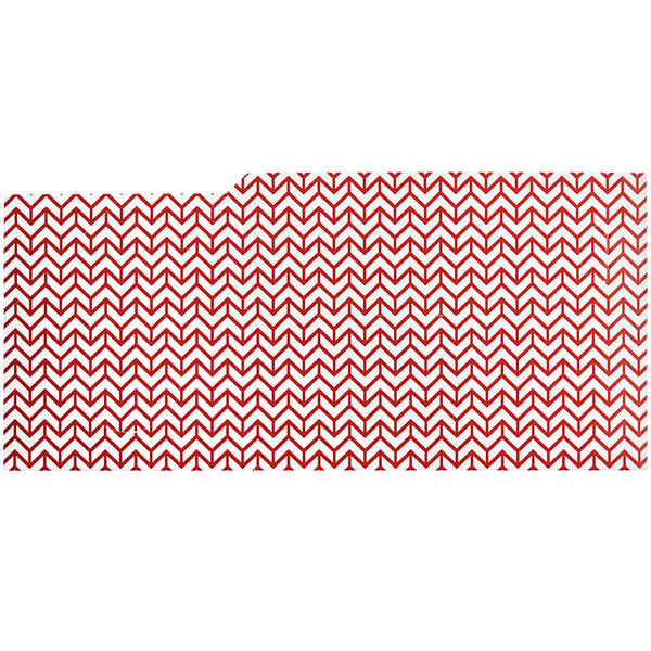 A red and white Choice Cornerstone take-out box with a zigzag patterned folder.