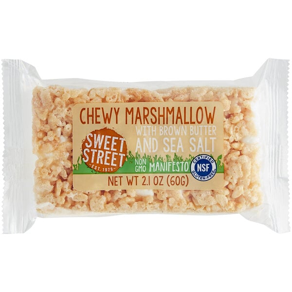 A package of Sweet Street Desserts Gluten-Free Chewy Marshmallow Bars with a label.