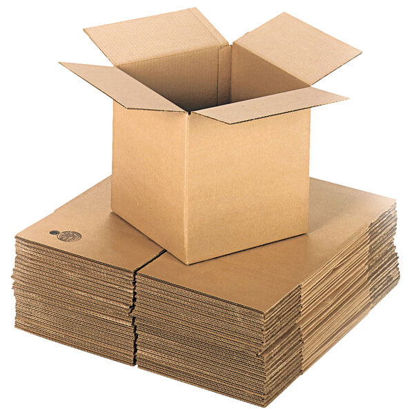 A stack of Lavex kraft cardboard shipping boxes.