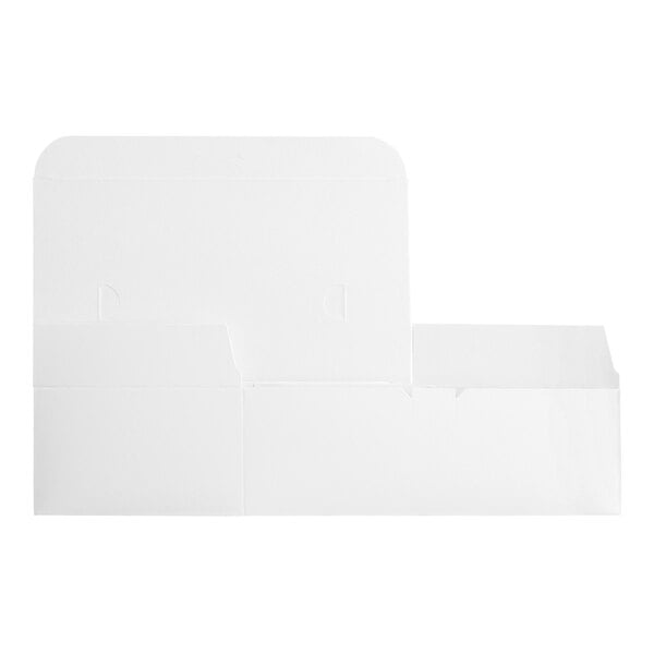 A flat, unfolded white customizable take out lunch box with a tuck top.