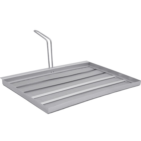 A stainless steel Frymate filter tray with a handle.