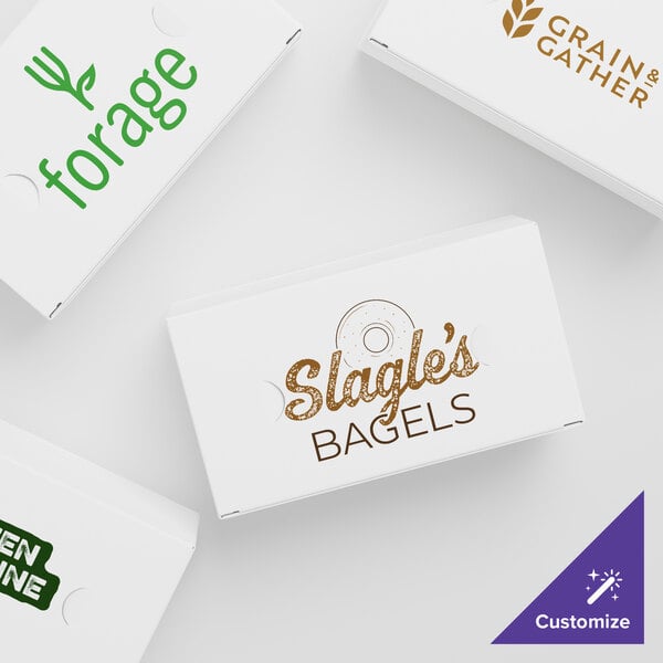 A group of white Choice take-out boxes with customizable text.
