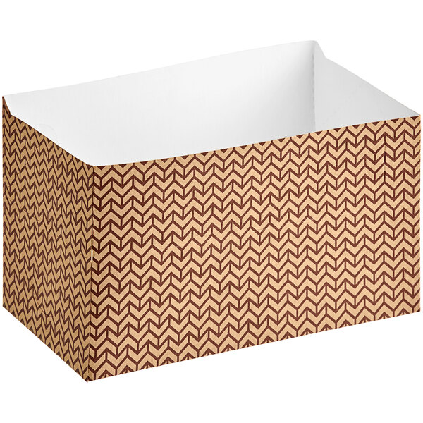A brown and white Choice Cornerstone Print take out lunch box with a zigzag pattern.