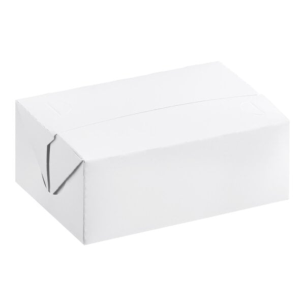 A plain white customizable take out lunch or snack box with a fast top closure.