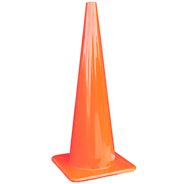 An orange traffic cone with a white base.