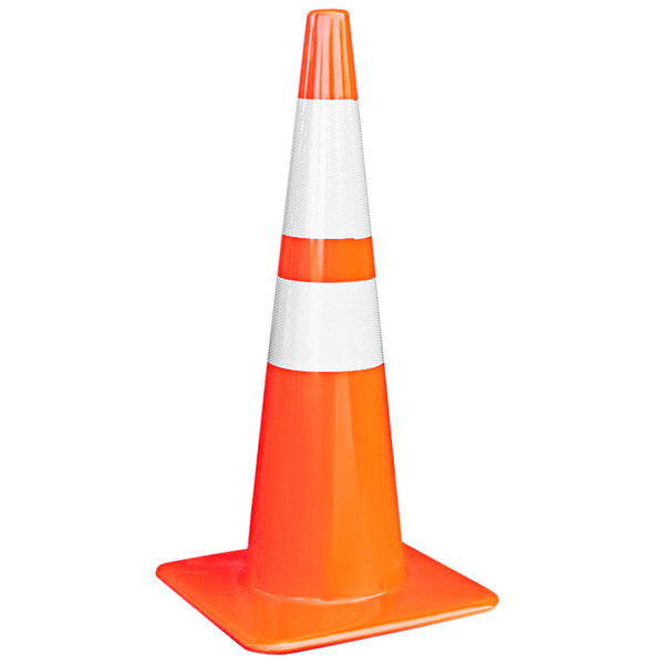 An orange and white 28" traffic cone with double reflective bands on a white background.