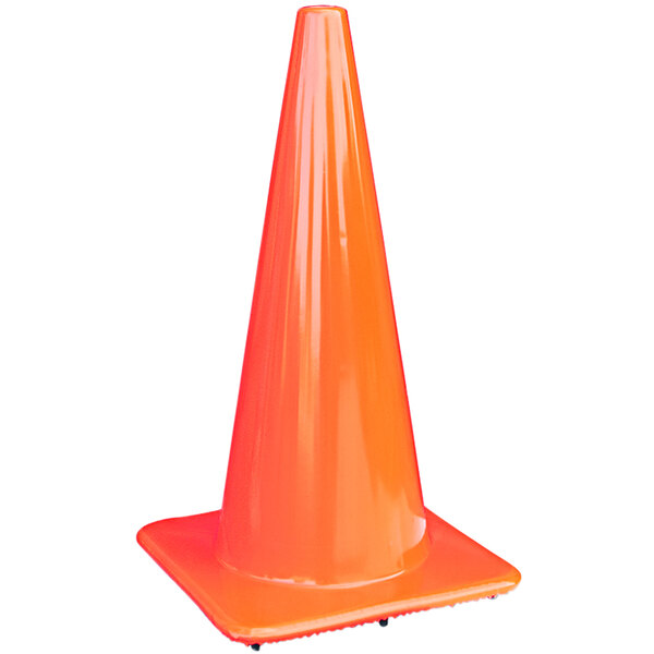 An orange traffic cone with a white base.