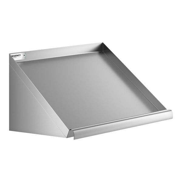 A stainless steel wall-mounted slanted rack shelf.