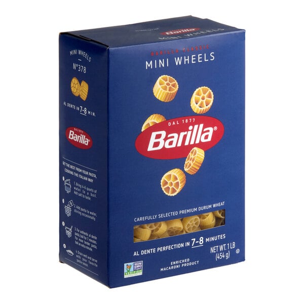 A 1 lb. box of Barilla Mini Wheels pasta.