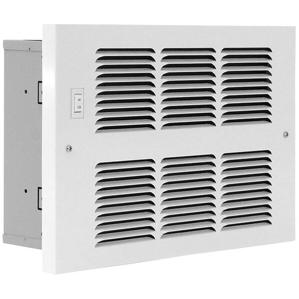 A white rectangular King Electric small in-wall hydronic heater with vents.