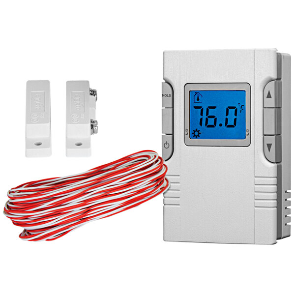 A white rectangular King Electric non-programmable window watcher thermostat with red and white wires.