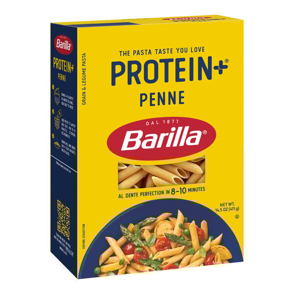 A case of Barilla Protein+ Penne Pasta on a white background.