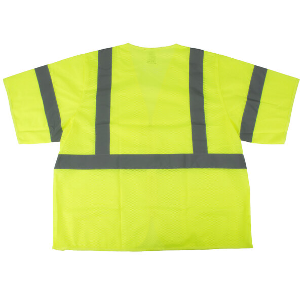 A yellow mesh safety vest with grey reflective stripes.