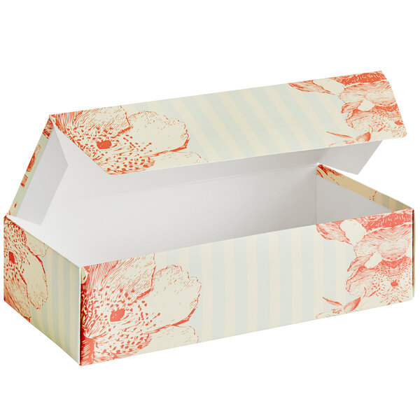 A 1 lb. vintage rabbit print candy box with the lid open.