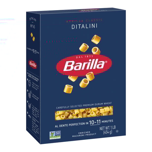 A blue box of Barilla Ditalini Pasta with a blue label and a red circle with white text.