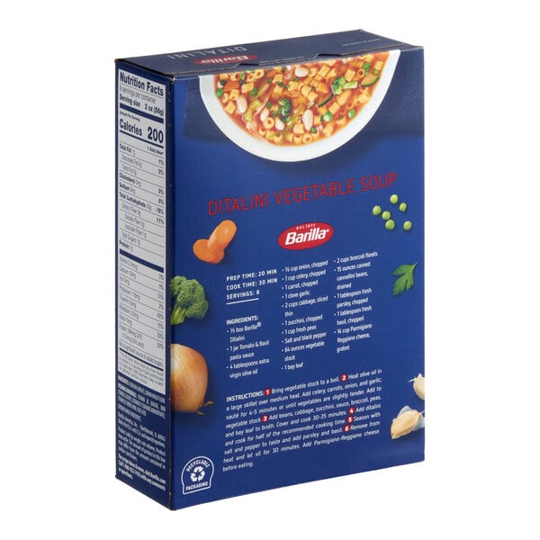 A box of Barilla Ditalini pasta weighing 1 pound.