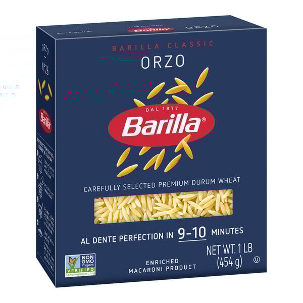A blue box of Barilla Orzo Pasta with white text and a yellow label.