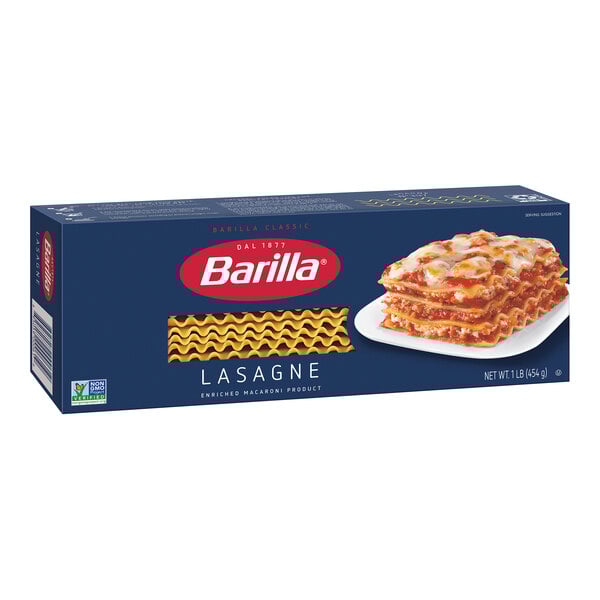 A blue box of Barilla Wavy Lasagna pasta.