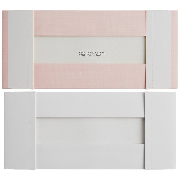 A white rectangular candy box with a pink and white striped border.