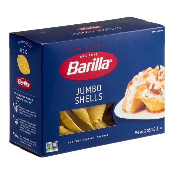 A box of Barilla Jumbo Shells pasta weighing 12 ounces.
