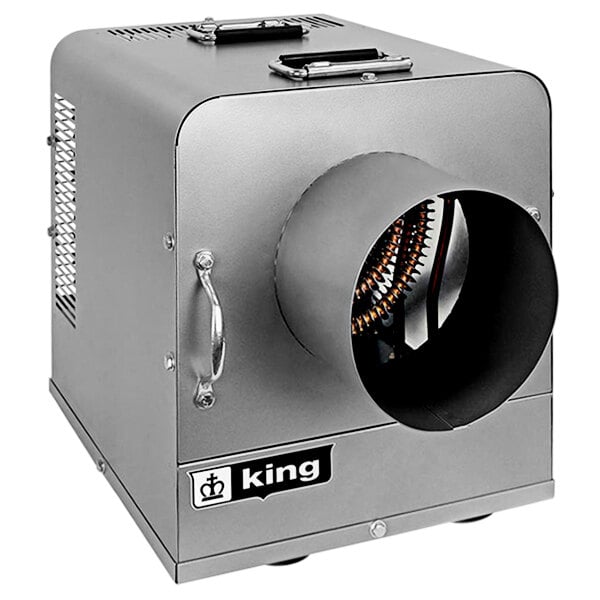 A grey King Electric ducted portable unit heater with a round black fan on top.