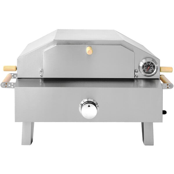 A stainless steel Omcan propane pizza oven with foldable legs.