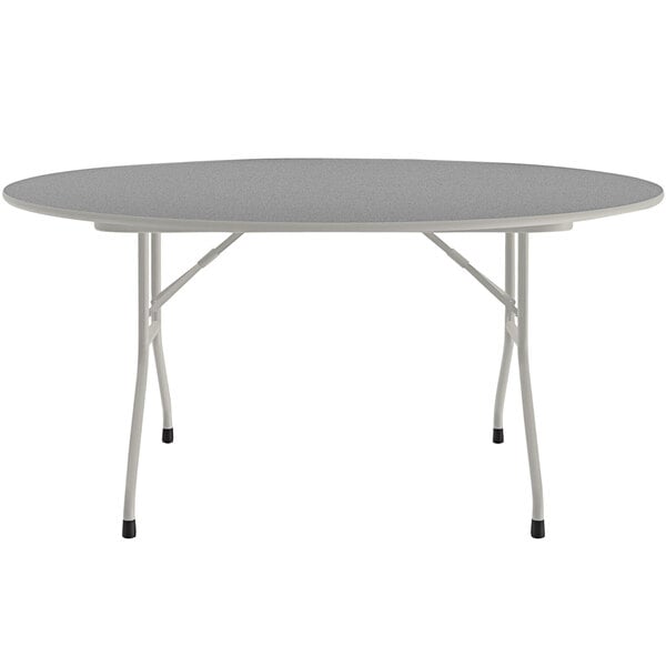 A Correll grey folding table with legs and a grey top.