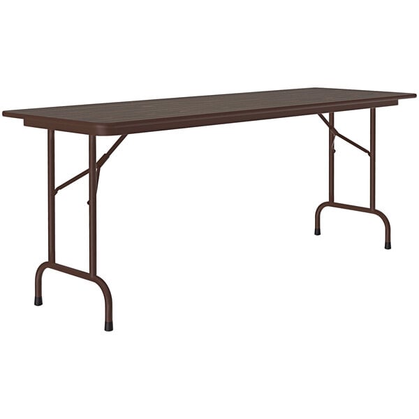 A brown rectangular Correll folding table with black legs.
