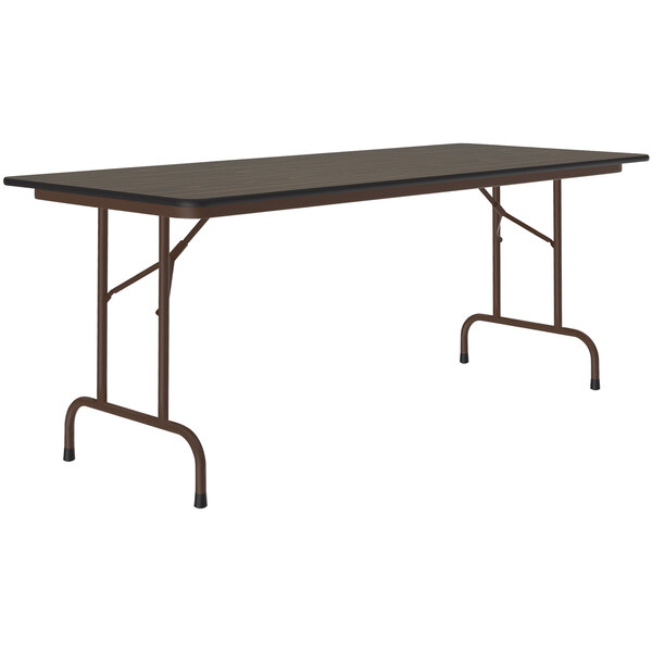 A rectangular Correll folding table with a walnut top and brown metal frame.