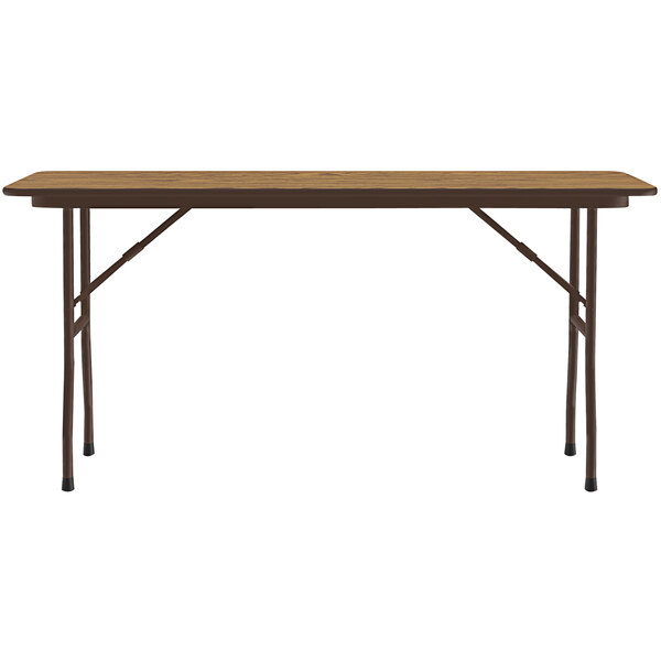 A brown Correll rectangular folding table with a medium oak top and metal legs.