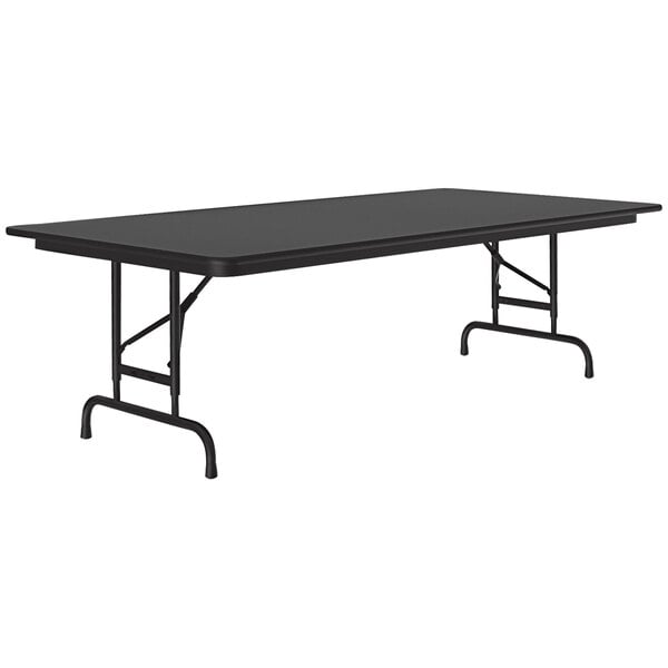 A rectangular black Correll folding table with black legs.