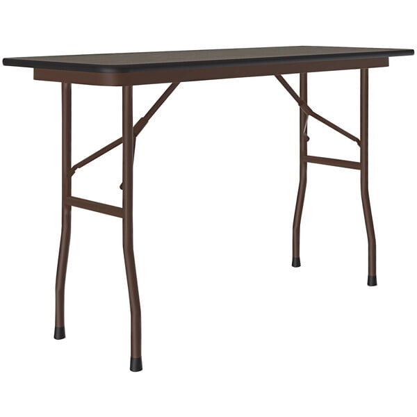 A Correll rectangular folding table with a walnut top and brown frame.