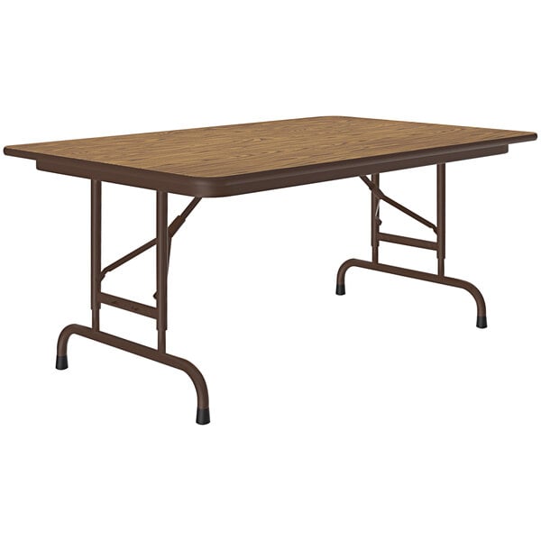 A brown rectangular Correll folding table with metal legs and a wood top.