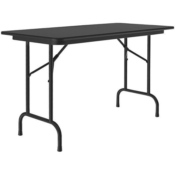 A black rectangular Correll folding table with metal legs.