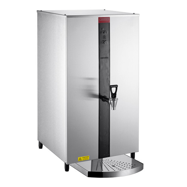 A stainless steel Grindmaster hot water dispenser with a tap.