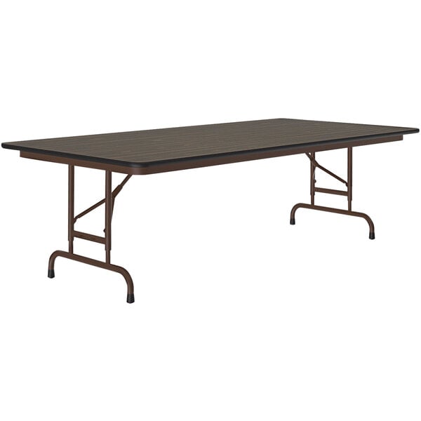 A Correll rectangular folding table with a walnut top and brown metal frame.