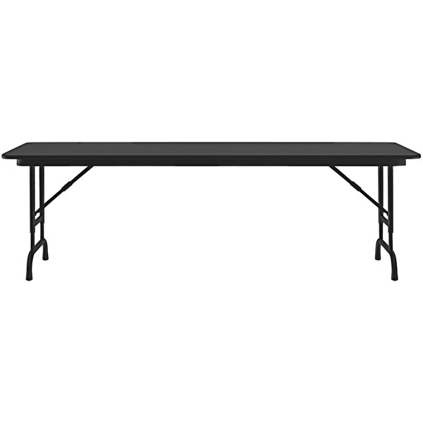 A black rectangular Correll folding table with adjustable legs.