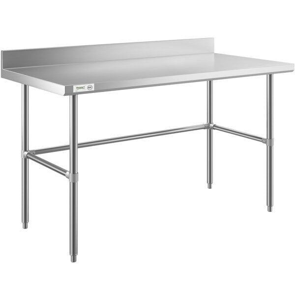 A Regency stainless steel work table with a metal open base.