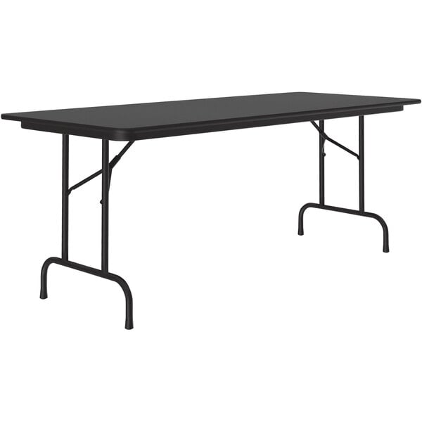 A black rectangular Correll folding table with a black frame.