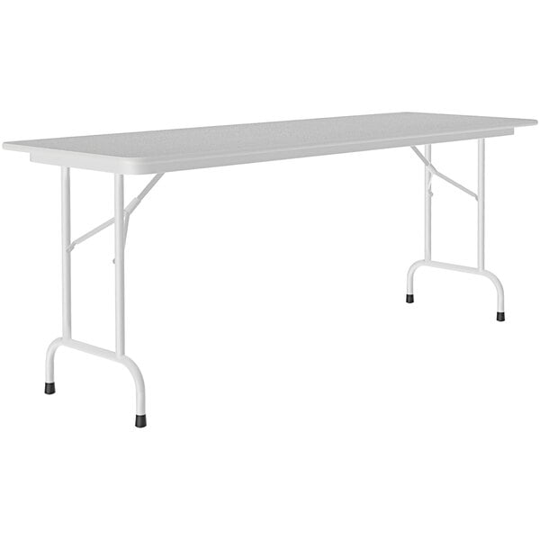 A gray rectangular Correll folding table with gray legs.